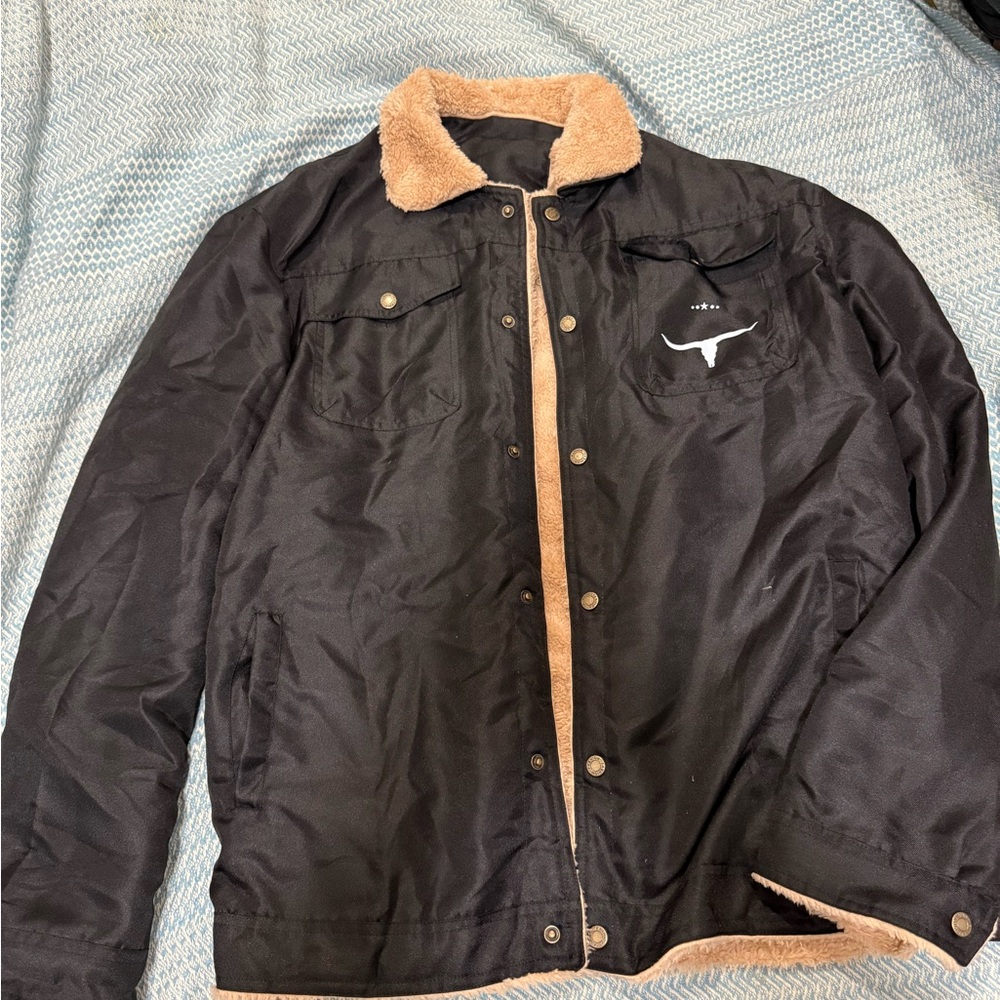 Men's Black Sherpa-Lined Jacket with Tan Trim size L